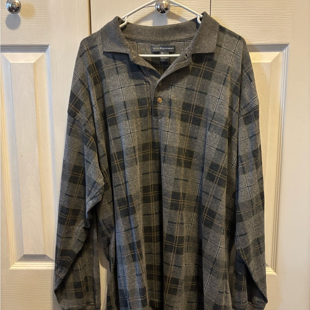 Gray Plaid Long Sleeve Polo Shirt